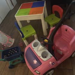 Step 2 Pink Car,  Doll Stroller, Small Shopping Car  And Lego Table / 2 Chairs 