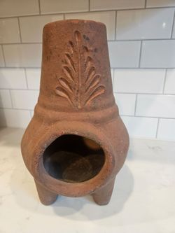 Handmade Terracotta Chiminea with Carved Leaf Design