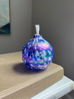 Small Hand Blown Iridescent Art Glass Oil Lamp ( firm on price )