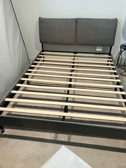 Queen Gray Upholstered Bed Frame with Slatted Base