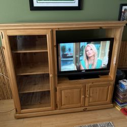 Pine Solid Wood Entertainment Console With Median Area Or Shelf Display