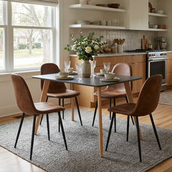 Homy Casa ROOKIE S+CHARLTON 5-Piece Dining Set, 43.3" Black Table with 4 Brown Faux Suede Chairs Open Box
