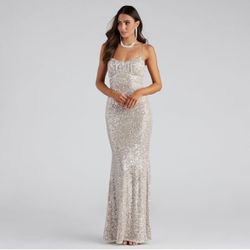 New Windsor Champagne Silver Sequin Maxi Dress