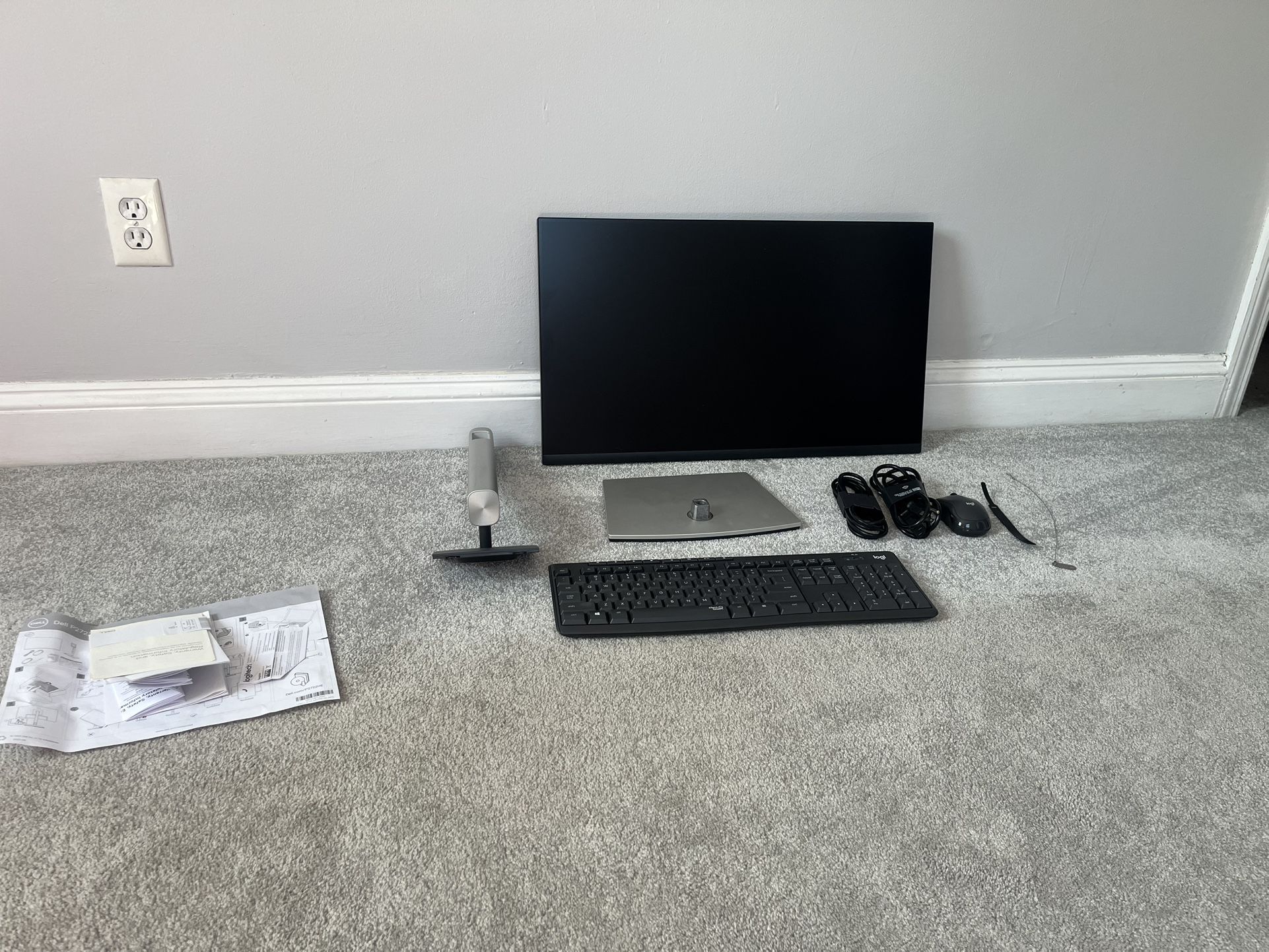 Never Used Virtual Office Equipment 24 inch Dell external monitor Logitech keyboard and mouse. Connecting cords, stands and base. Instructions and box