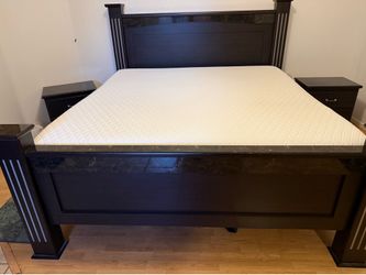 King Size bed frame with night stands and five drawer dresser
