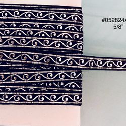 5 Yds of 5/8” Black & Silver Metallic Embroidered Vintage Fabric Ribbon #052824A21