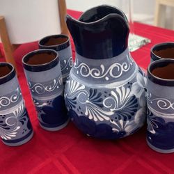 Hand-Painted Ceramic Pitcher & 5 Cups Set 