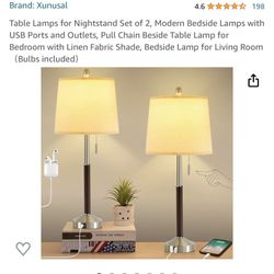 Table Lamps for Nightstand Set of 2, Modern Bedside Lamps with USB Ports and Outlets, Pull Chain Beside Table Lamp for Bedroom with Linen Fabric Shade