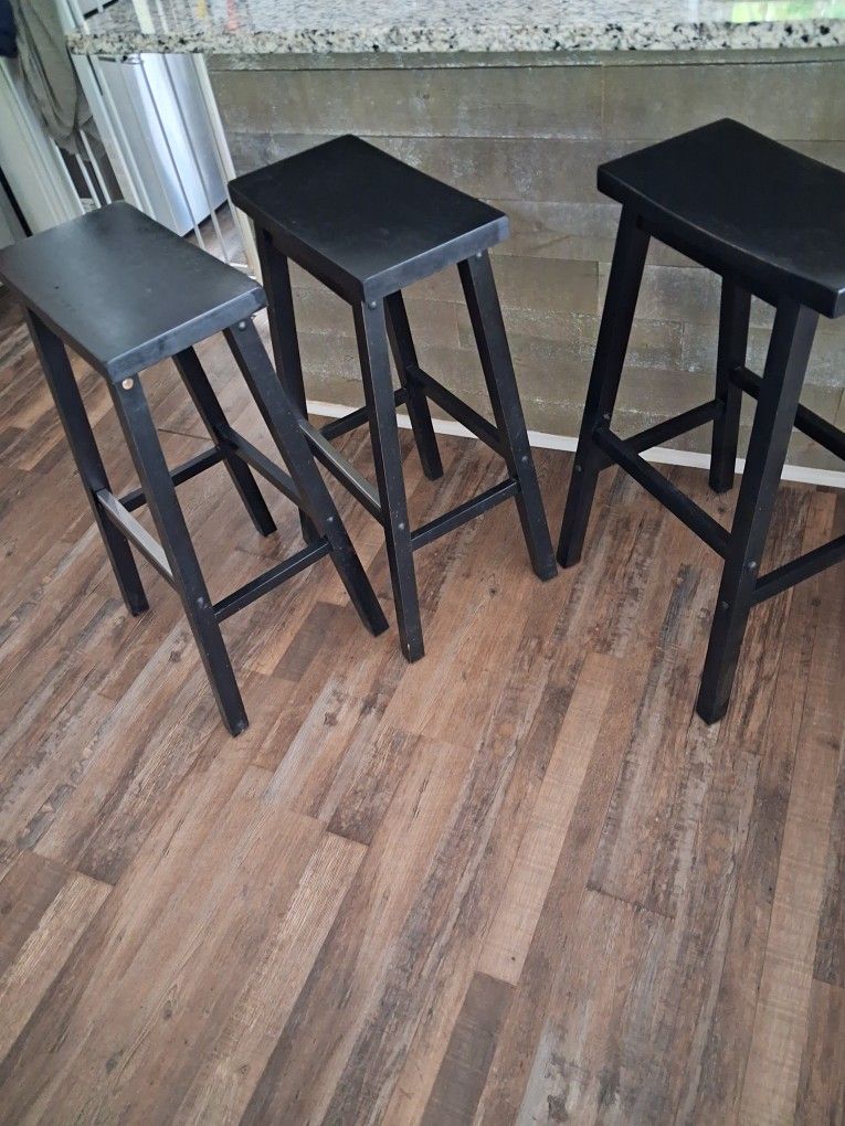 Set Of 3 Black Wooden Bar Stools