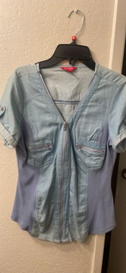 Guess Denim Zip-Up Short Sleeve Top