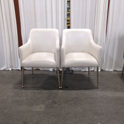 Pair of Antropologie Off-White Upholstered Arm Chair with Tapered Metal Legs