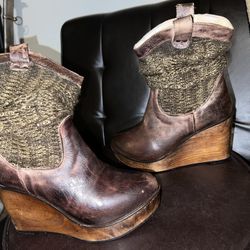 BED STU Bruges Teak Rustic Boots Slouch Wooden Wedge Sz 7.5B