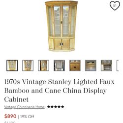 Vintage Stanley Lighted Faux Bamboo and Cane  Display Cabinet
