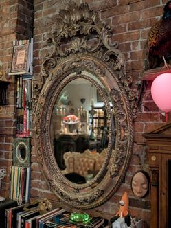 Large Rococo Revival Gothic antique Mirror. Painted and gilt wood.