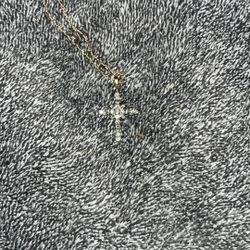 Jewelili 10K White/Yellow Gold Cross Pendant Necklace for Women | 1 CTW Natural White Round & Baguette