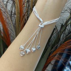 S925 silver tassel hearts charm bracelet,Silver hearts tassel bracelet,Chunky dangle hearts bracelet,Silver tassel bracelet,Gift for women  DETAILS   