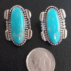 Nice Southwestern Tribal Turquoise Sterling Silver Pierced Earrings Signed Running Bear Perfect Condition