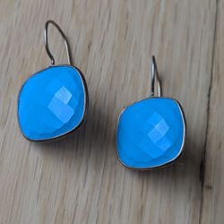 Stunning Natural Blue Turquoise Cushion Square Briolette GoldPlated Earrings 1.5" 