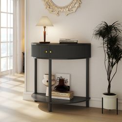 Homy Casa Saint Wave Pattern Demi Lune Console Table 31.5" with 2 Drawers, Gray