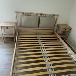 IKEA Queen Bed Frame With Slatted Base, And 2 Nightstands 