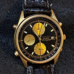 VTG Seiko Quartz Watch 7T32-7B3B Men Gold Tone Analog Alarm Chrono