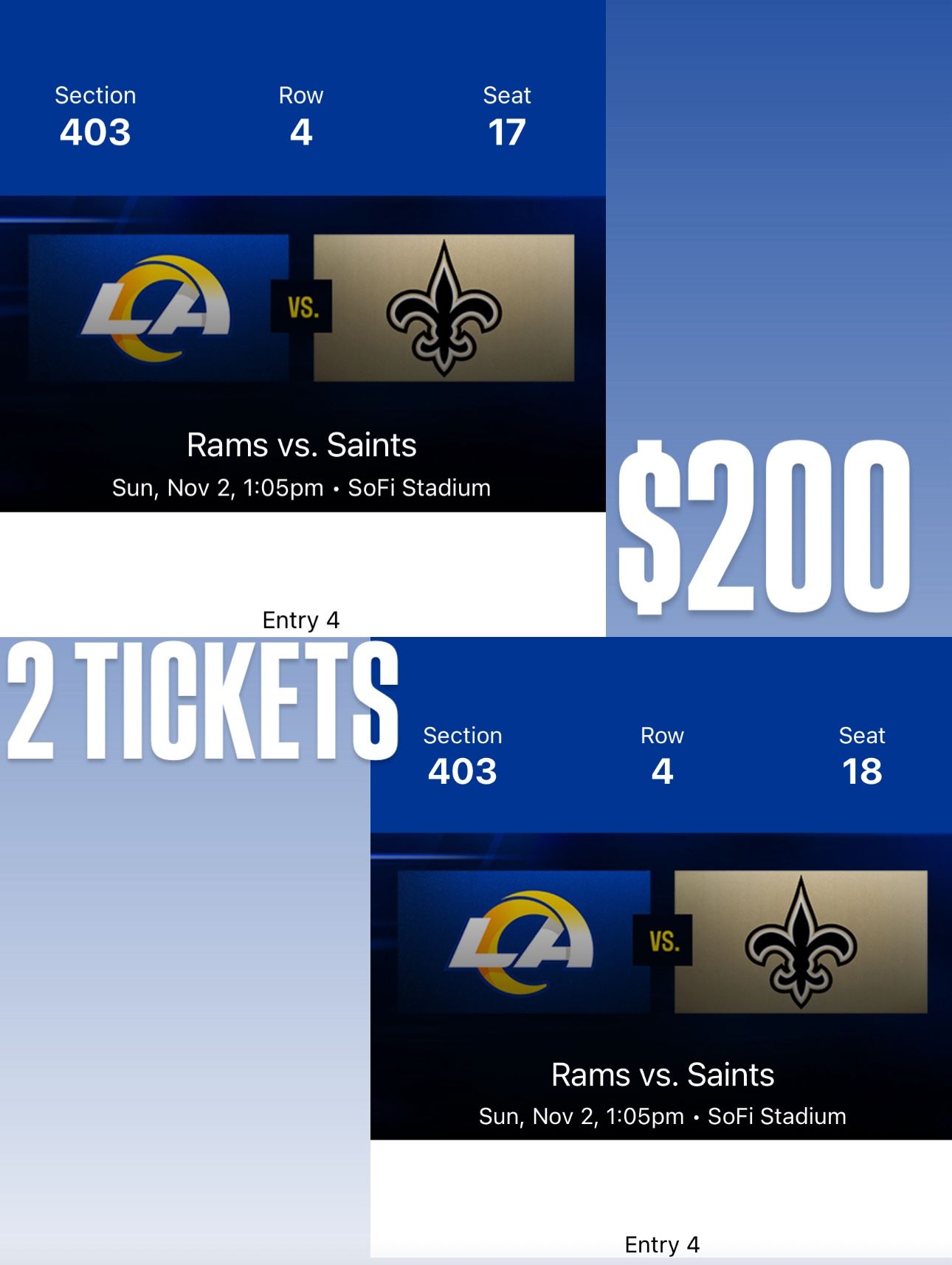 2 Tickets Rams vs Saints