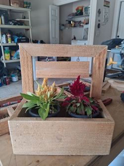 Planter gift box with hanging sign.
