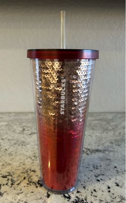 Starbucks Red Ombré Sequin Tumbler Iced Coffee Cup Tea With Straw And Lid 24 Oz