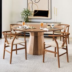 Solid Wood Wishbone Dining Chairs with Handcrafted Woven Seat, Brown (Set of 4)