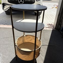 White & Gold Brass 3 Shelf Table Nightstand Storage Unit. Actually Has 2 Shelves & A Canvas Basket.  Great With Modern MCM, West Elm, Z Gallerie, etc.