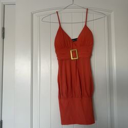 Wet Seal Red Orange Empire Waist Mini Dress with Built-In Padding & Gold Buckle (S)