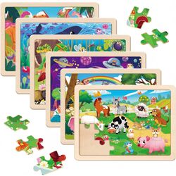 Brand New Wooden Puzzles for Kids Ages 4-6, 6 Packs 24 PCs Wood Dinosaur Animals Jigsaw Puzzles for Toddlers Ages 3-5,