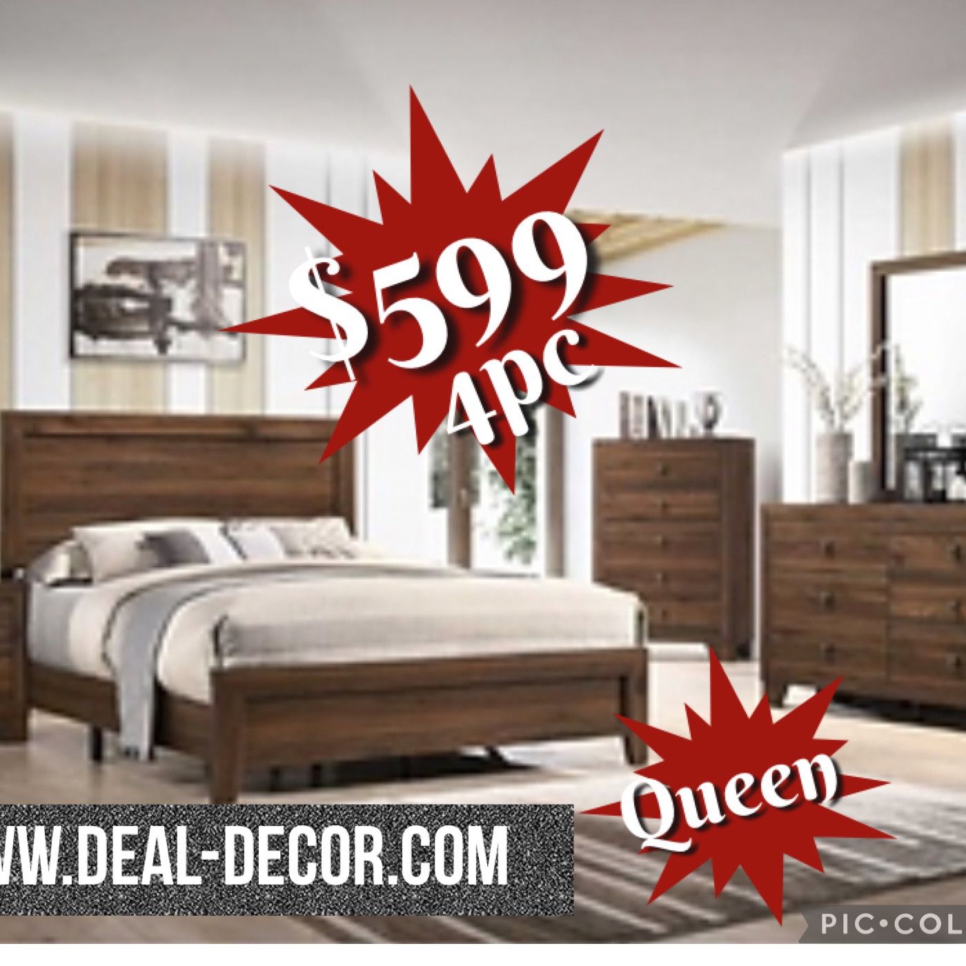 New Queen 4pc Brown Bedroom Set (Bed Frame, Dresser, Mirror And Nightstand)