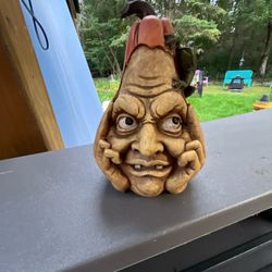 Pumpkin Face Gourd With Frog Good Cond Used 