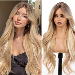 Blonde Wig with Dark Roots & Curtain Bangs Long Curly Synthetic Hair 28
