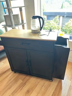 Rolling Kitchen Island w/ Drop Leaf, Built-in Outlets & Storage