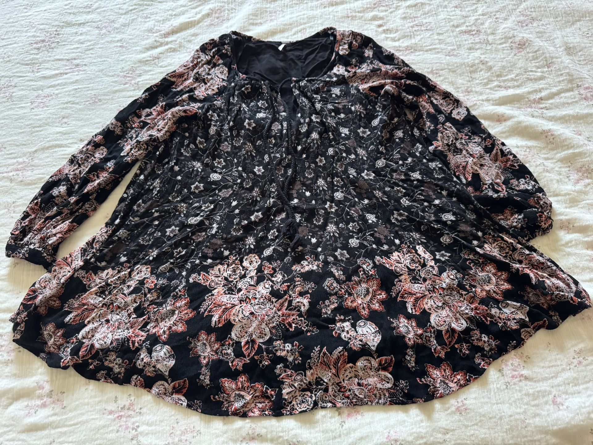 Free People Black and Pink Floral Long Sleeve Tunic Blouse