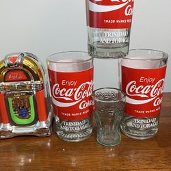 Coca-Cola Bundle: (3) Thick Glass  8 Oz. Glasses, Salt & Pepper Shaker & Mini Glass