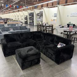 BRAND NEW BLACK THICK FLUFFY CORDUROY SECTIONAL SOFA COUCH WITH OTTOMAN