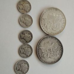 2 Morgan Silver Dollars 1887 O & 1889 & 5 Mercury Dimes