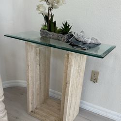Travertine Console Table w/ Glass Top