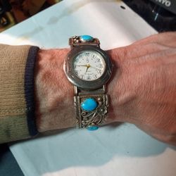 Sterling Silver, Turquoise La Scala Watch Signed By  Navajo.