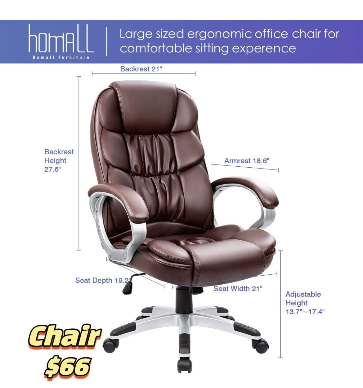 ✌️ Homall Office Chair High Back Computer Chair Ergonomic Desk Chair, PU Leather Adjustable Height Modern Executive Swivel Task Chair