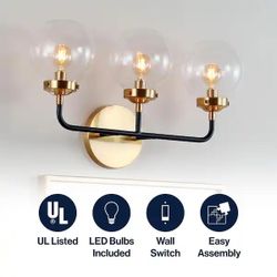 JONATHAN Y Caleb 3-Light Globe Vanity Wall Sconce, 22", Black/Brass Gold