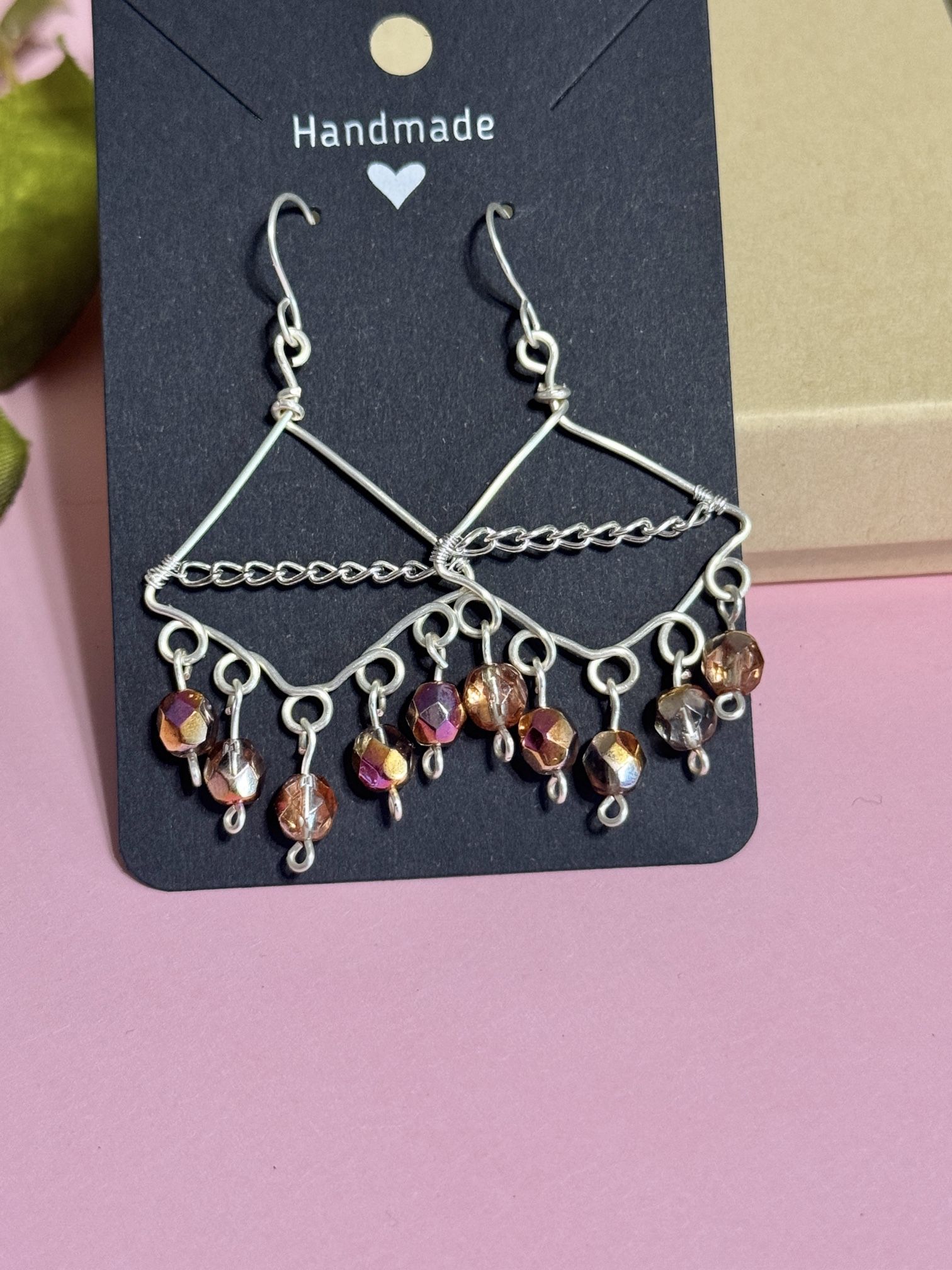 Silver And Pink Beaded Chandelier Earrings 