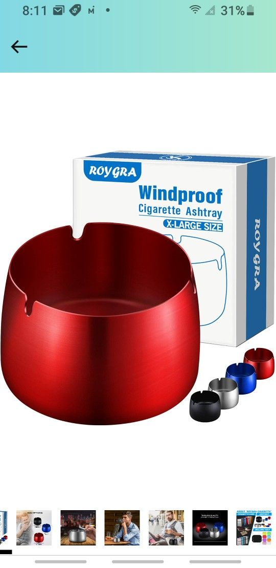 Ashtray, Windproof Metal Ashtray - Red, X-Large Size (4.73 x 4.73 x 2.2’’)