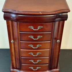 WOODEN JEWELRY BOX ARMOIRE WITH MIRROR & DRAWERS 