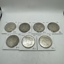 7 Common Date Almost Uncirculated Peace Dollar 90% Silver Coins