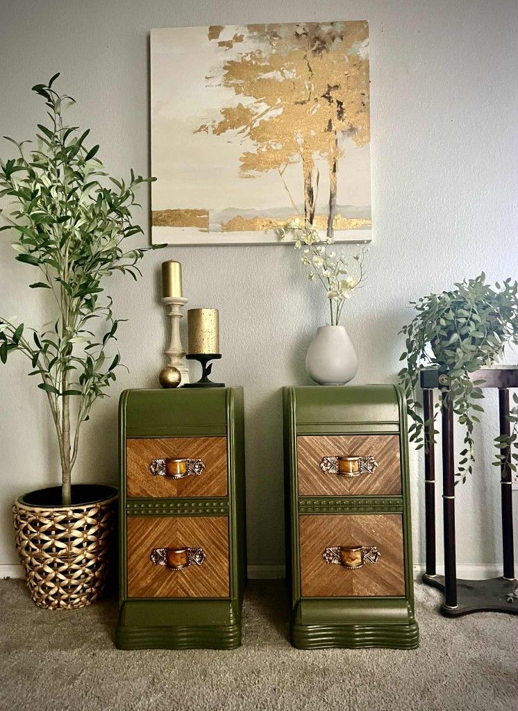 1920's Moody green Art deco waterfall nightstands with walnut and gold accents 
