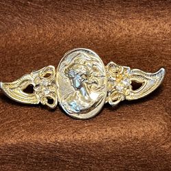 Vintage Costume Jewelry Cameo Portrait Winged Framed Brooch